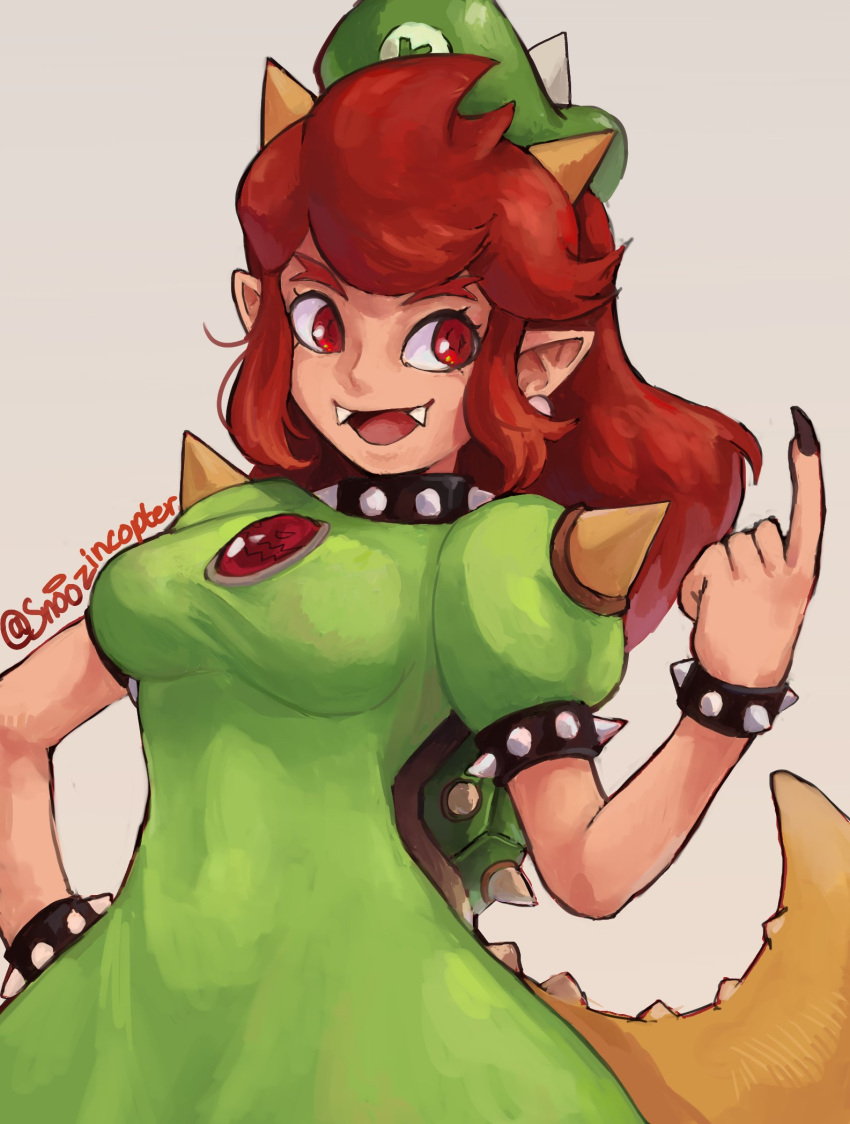 1girl, artist_name, bowser_peach, bracelet, breasts, dress, fangs, green_dress