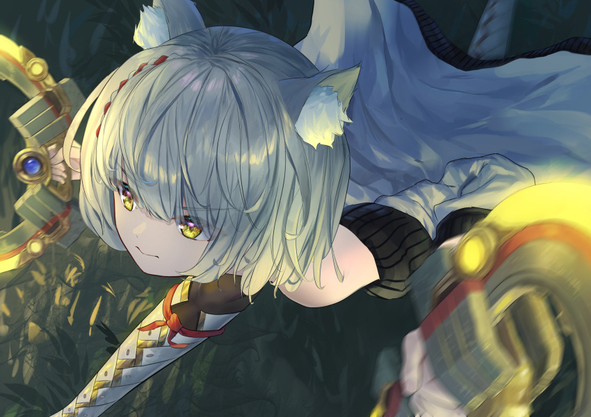 1girl, absurdres, animal_ear_fluff, animal_ears, bangs, boots, cat_ears, chakram