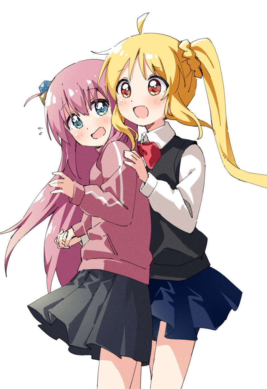 2girls, :d, bangs, blonde_hair, blue_eyes, blue_skirt, bocchi_the_rock!, bow