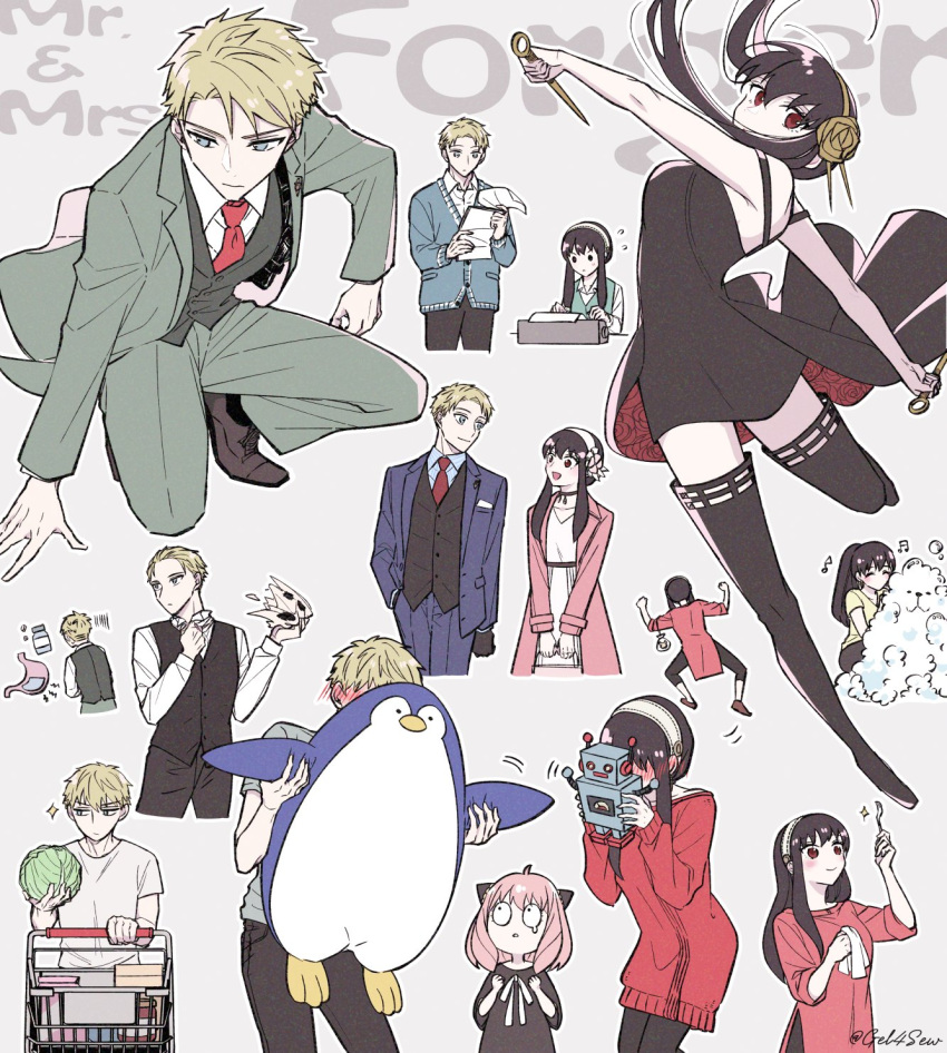 1boy, 2girls, anya_(spy_x_family), bangs, black_dress, black_hair, blonde_hair, blue_eyes, blush, bond_(spy_x_family), boots, cabbage, cardigan, child, choker, closed_mouth, dagger, dog, dress, female_child, hairpods, highres, knife, long_hair, medium_hair, multiple_girls, necktie, open_mouth, pants, pink_hair, red_eyes, shirt, short_dress, sidelocks, sleeveless, sleeveless_dress, spy_x_family, stiletto_(weapon), stuffed_animal, stuffed_penguin, stuffed_toy, t-shirt, thigh_boots, toy_robot, twilight_(spy_x_family), vest, weapon, yor_briar, yu_(gel4sew)