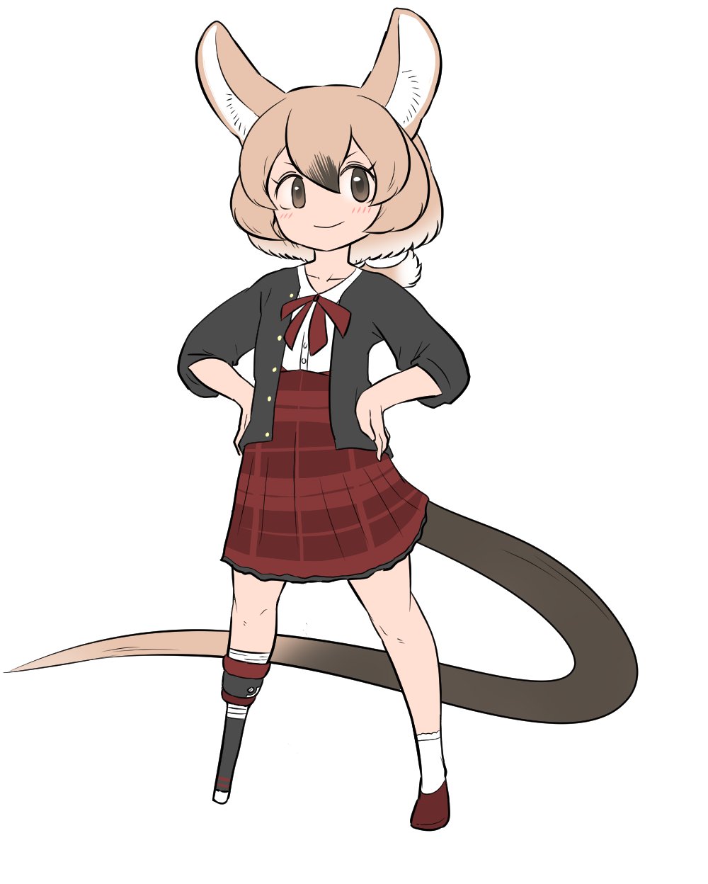 1girl, amputee, animal_ears, bokoboko_(pandagapanda1), brown_eyes, brown_hair, gambian_rat_(kemono_friends), hands_on_hips, highres, jacket, kemono_friends, kemono_friends_3, mary_janes, mechanical_legs, missing_limb, mouse_ears, mouse_girl, mouse_tail, official_alternate_costume, plaid, plaid_skirt, prosthesis, prosthetic_leg, red_ribbon, ribbon, shoes, short_socks, single_mechanical_leg, skirt, smile, socks, solo, standing, tail, white_fur, white_socks