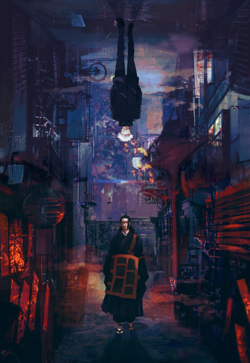 2boys, absurdres, alley, bandages, bandages_over_eyes, bicycle, black_hair, black_jacket, black_robe, city_lights, cityscape, dark_background, facing_viewer, geta, getou_suguru, gojou_satoru, ground_vehicle, highres, jacket, jujutsu_kaisen, jujutsu_tech_uniform, key2_0209, long_hair, looking_at_viewer, multiple_boys, polar_opposites, robe, short_hair, single_sidelock, spiky_hair, upside-down, white_hair