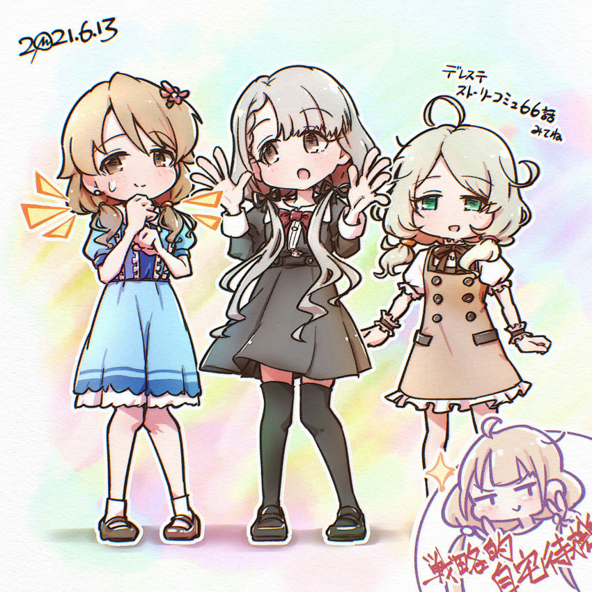 4girls, ahoge, azmad, blonde_hair, blue_dress, brown_eyes, dated, double_v
