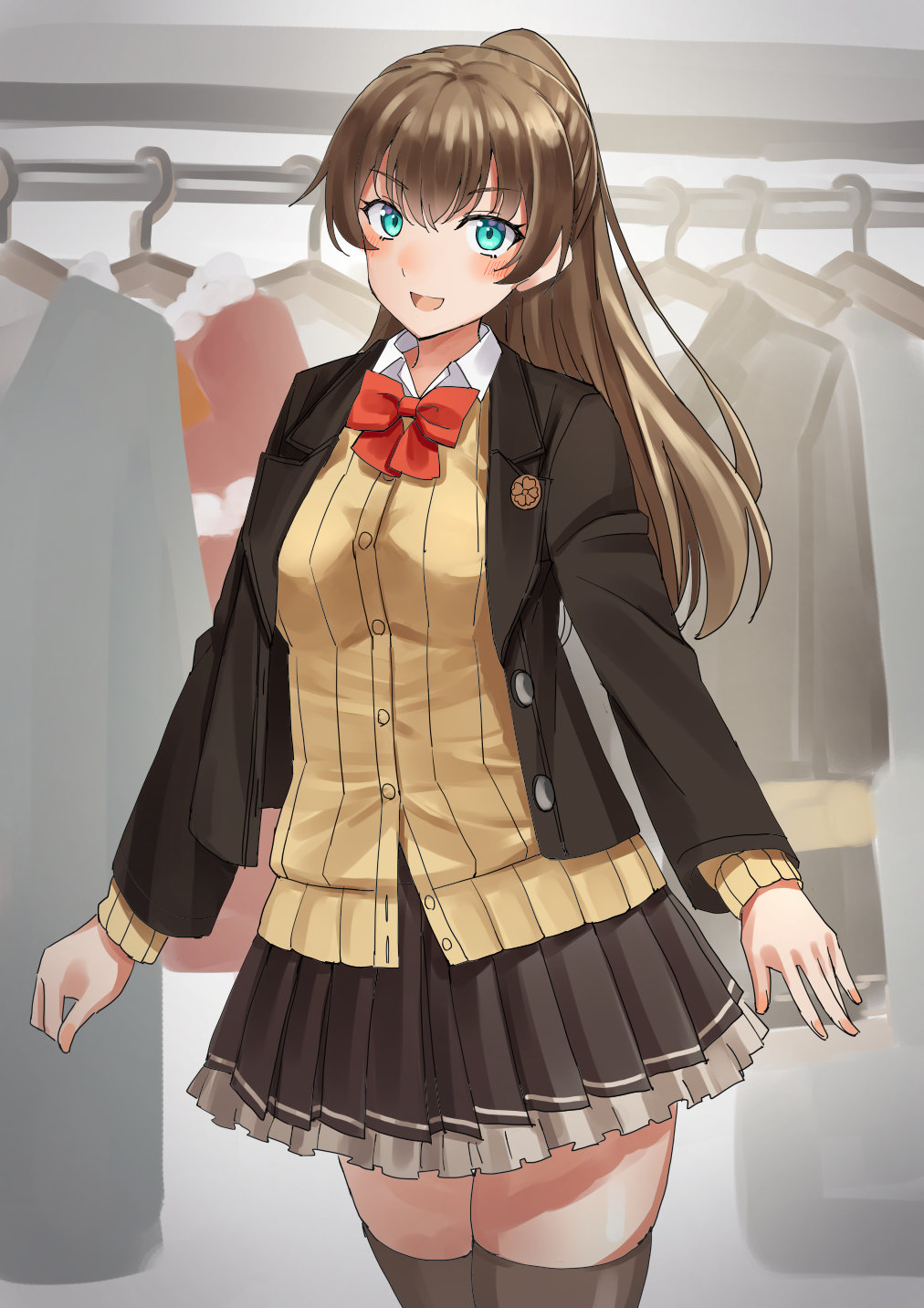 1girl, aqua_eyes, blazer, bow, bowtie, brown_hair, brown_jacket, brown_skirt