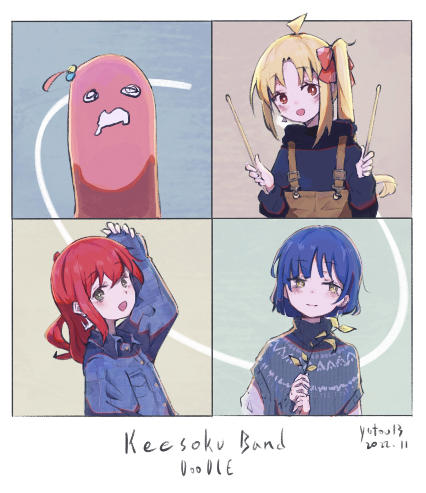4girls, absurdres, alternate_costume, bangs, blonde_hair, blue_hair, bocchi_the_rock!, bow, branch, closed_mouth, collared_shirt, creature, denim, denim_jacket, english_text, gotou_hitori, highres, holding, hood, hoodie, ijichi_nijika, jacket, kita_ikuyo, long_hair, long_sleeves, mole, mole_under_eye, multiple_girls, open_mouth, red_bow, redhead, shirt, short_hair, side_ponytail, simuyutou, slime_(creature), smile, suspenders, sweater, yamada_ryou, yellow_eyes