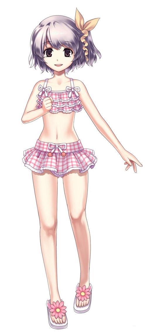 1girl, bikini, bow, brown_eyes, collarbone, cross_edge, eyebrows_visible_through_hair, feet