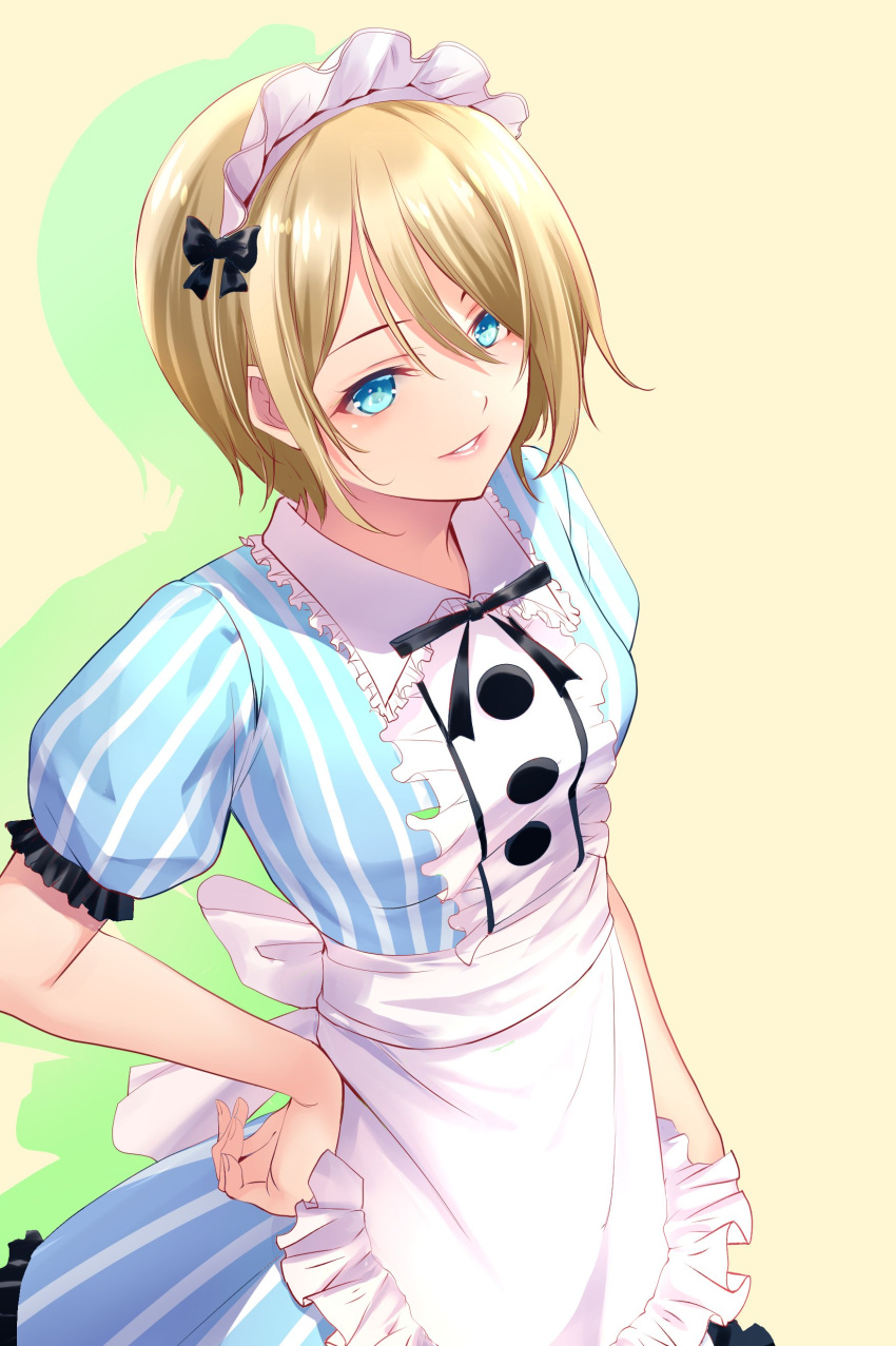 1girl, absurdres, apron, blonde_hair, blue_eyes, breasts, frilled_apron, frills