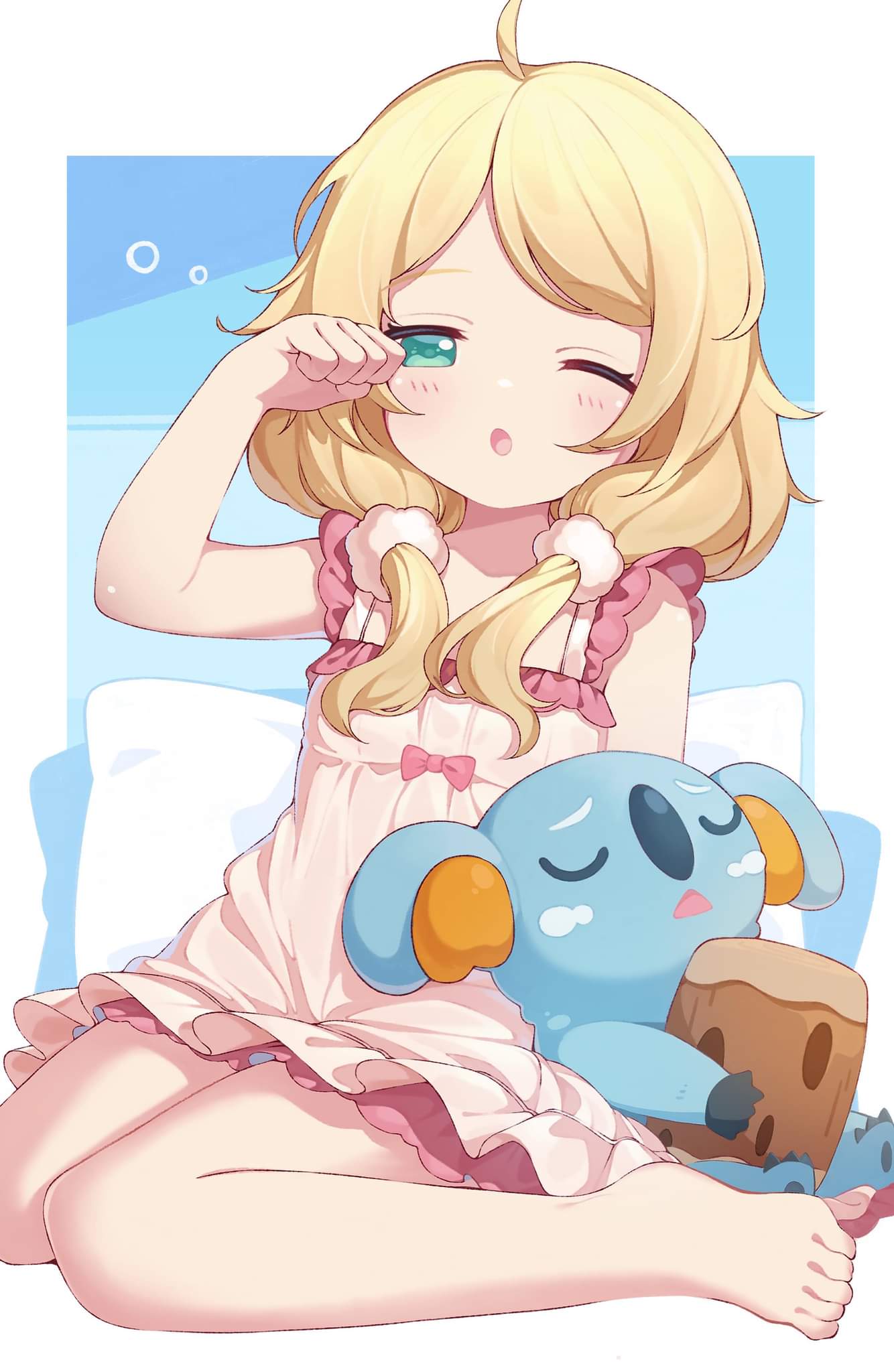 1girl, ahoge, babydoll, bangs, barefoot, blonde_hair, blue_background, blush