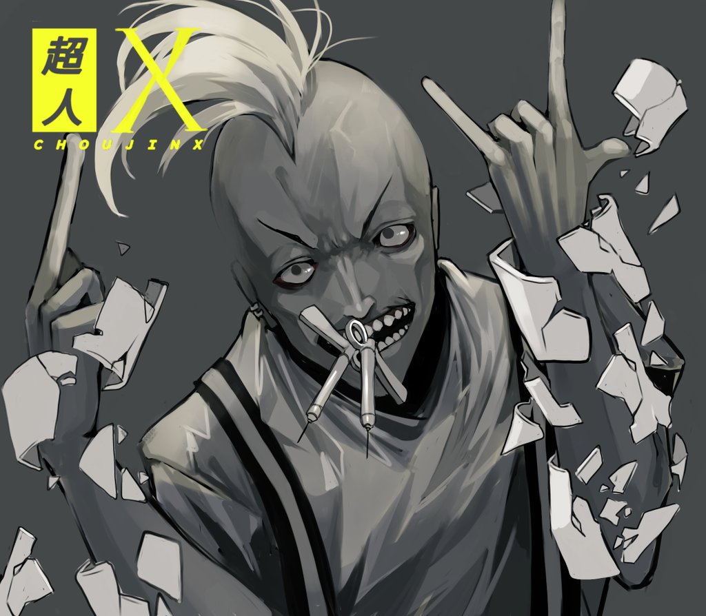 1boy, \m/, breaking, choujin_x, ear_piercing, etain_(e_t_a_i_n), grey_background, kiyoshi_takeyama_johnny_(choujin_x)