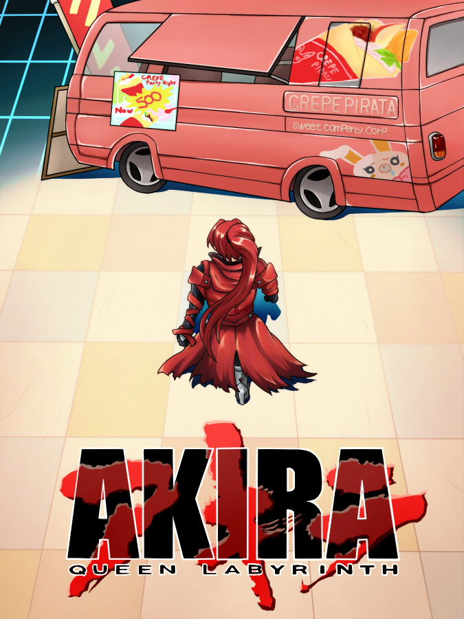 1girl, akira, back, black_gloves, boots, character_name, crepe, food