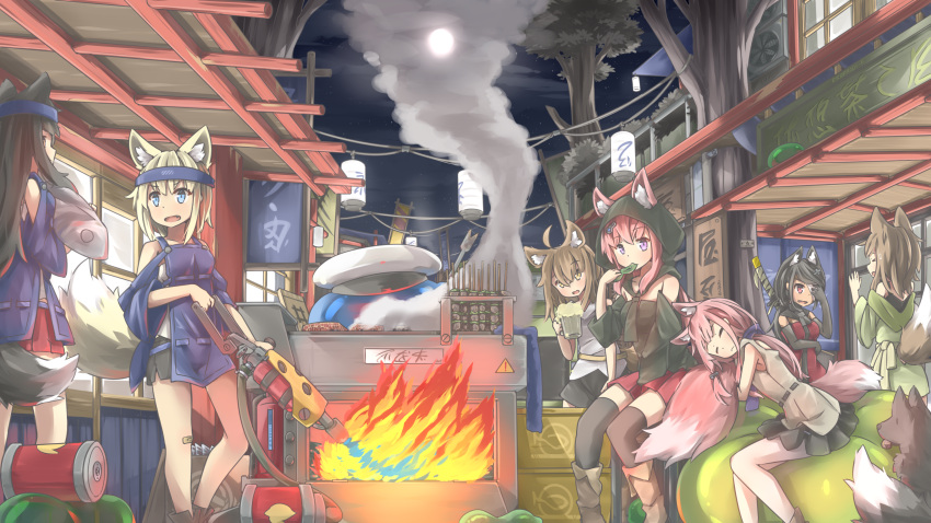6+girls, absurdres, ahoge, animal_ear_fluff, animal_ears, bangs, black_hair, black_skirt