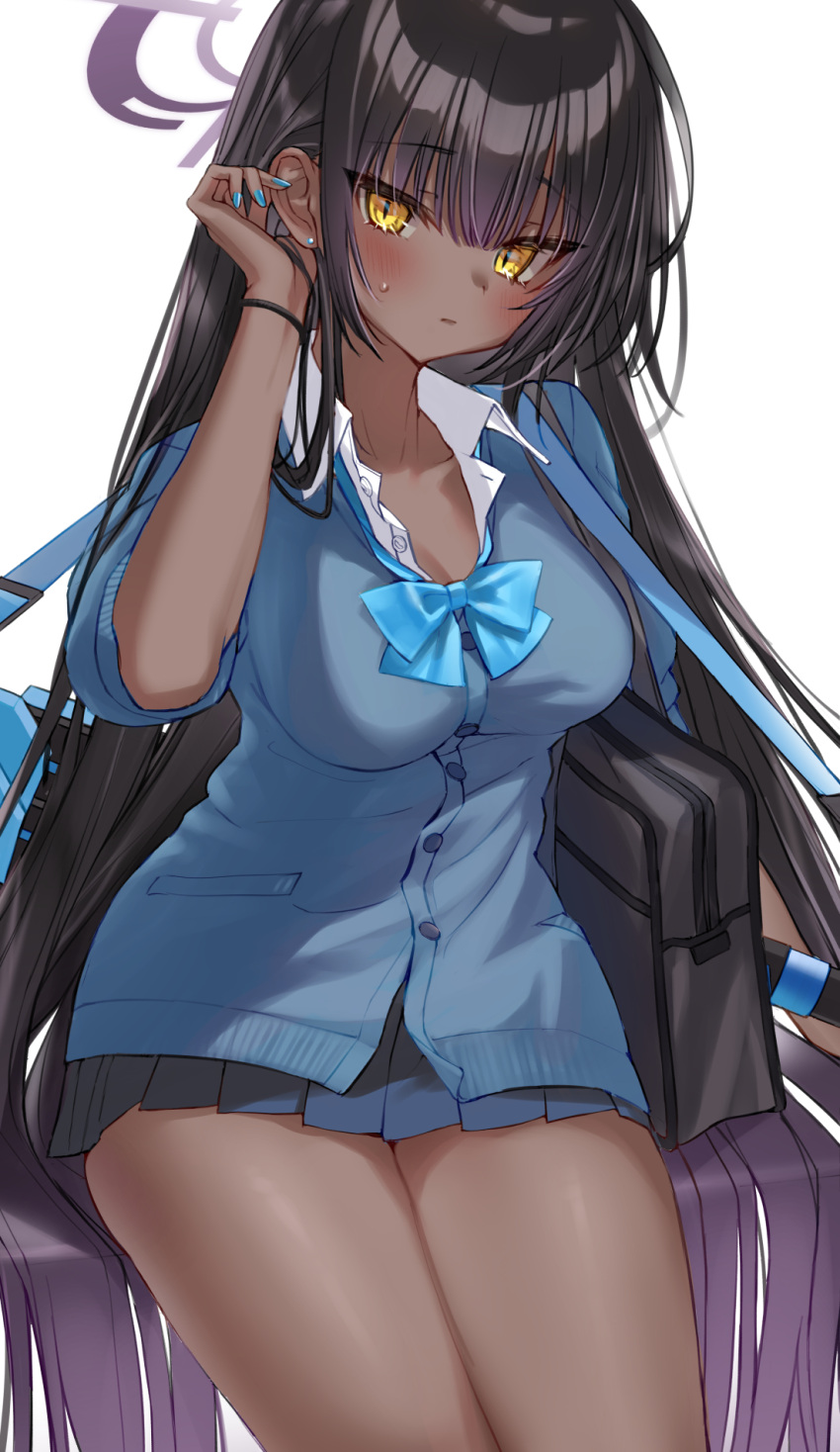 1girl, alternate_costume, bag, black_hair, blue_archive, blue_bow, blue_sweater, bow