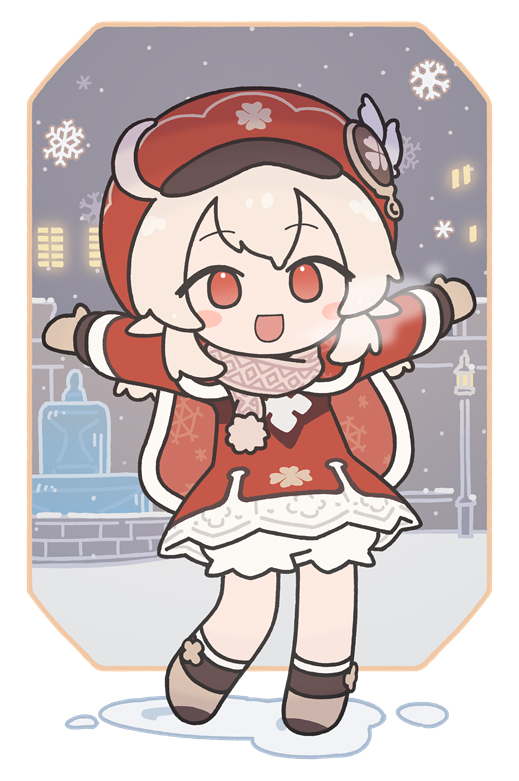 1girl, :d, ahoge, bangs, blonde_hair, blush, brown_gloves, brown_scarf, cabbie_hat, cape, full_body, futaba_no_taiko, genshin_impact, gloves, hat, jacket, klee_(genshin_impact), long_sleeves, looking_at_viewer, medium_hair, open_mouth, outstretched_arms, pointy_ears, red_cape, red_eyes, red_jacket, scarf, smile, snowflakes, solo, standing, twintails