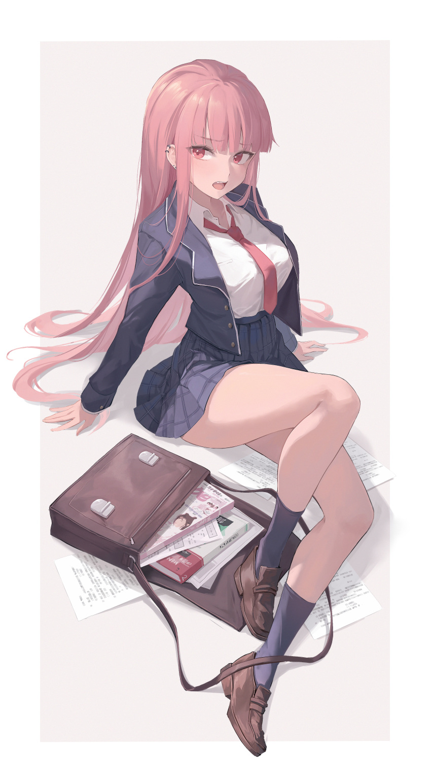 1girl, absurdres, bag, bangs, blue_jacket, blue_skirt, blue_socks, book, border, breasts, brown_bag, brown_footwear, collared_shirt, fallen_down, full_body, hair_over_shoulder, handbag, highres, hololive, hololive_english, jacket, knee_up, large_breasts, light_blush, long_hair, long_sleeves, looking_at_viewer, midori_xu, mori_calliope, necktie, on_floor, open_clothes, open_jacket, openmouth, papers, pink_background, pink_hair, pleated_skirt, red_eyes, red_necktie, shirt, shoes, sidelocks, simple_background, sitting, skirt, socks, uniform, white_border, white_shirt