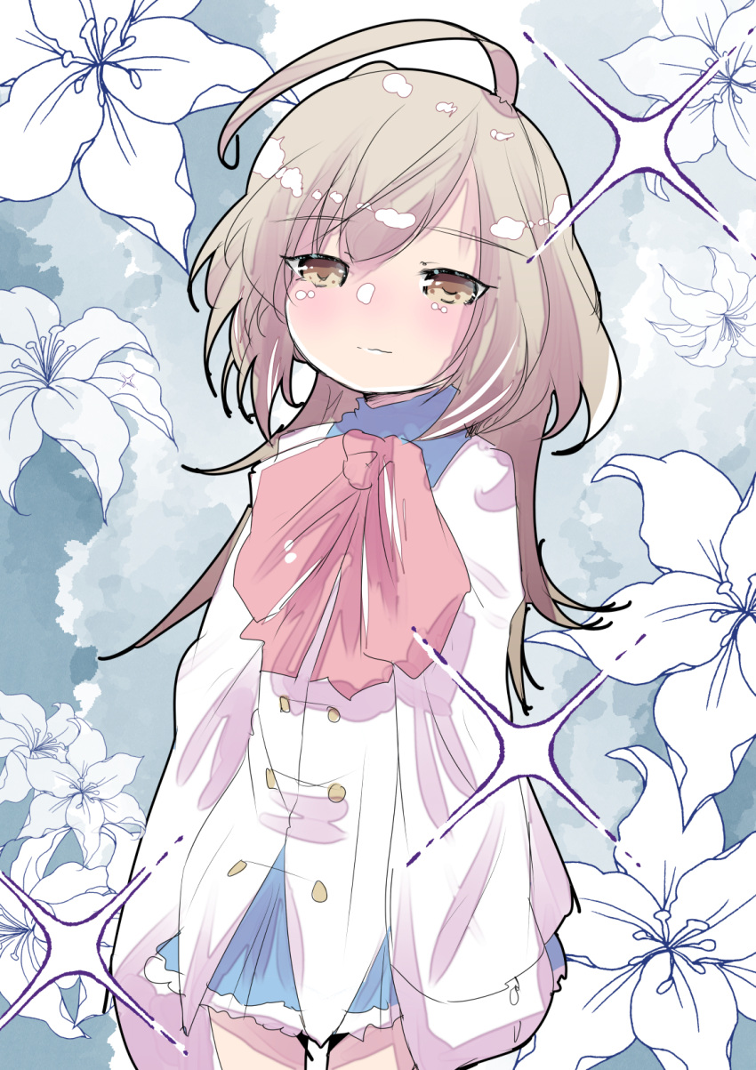 1girl, ahoge, arms_at_sides, assault_lily, bangs, blue_skirt, bow, bowtie