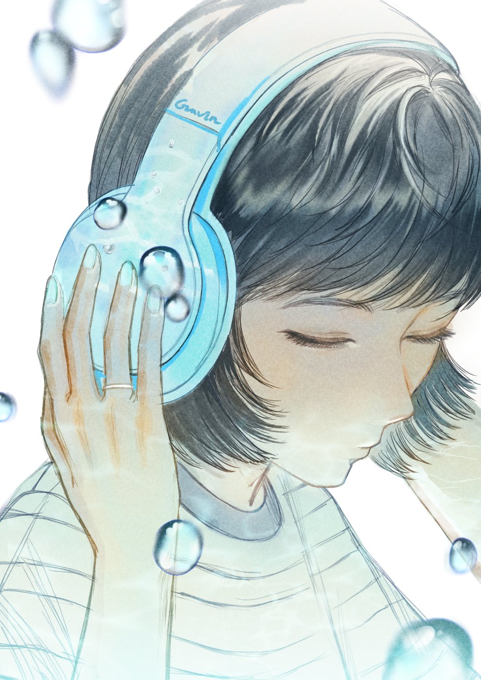 1girl, black_hair, blue_headphones, blue_nails, bubble, closed_eyes, english_commentary, gavin_(jypic)