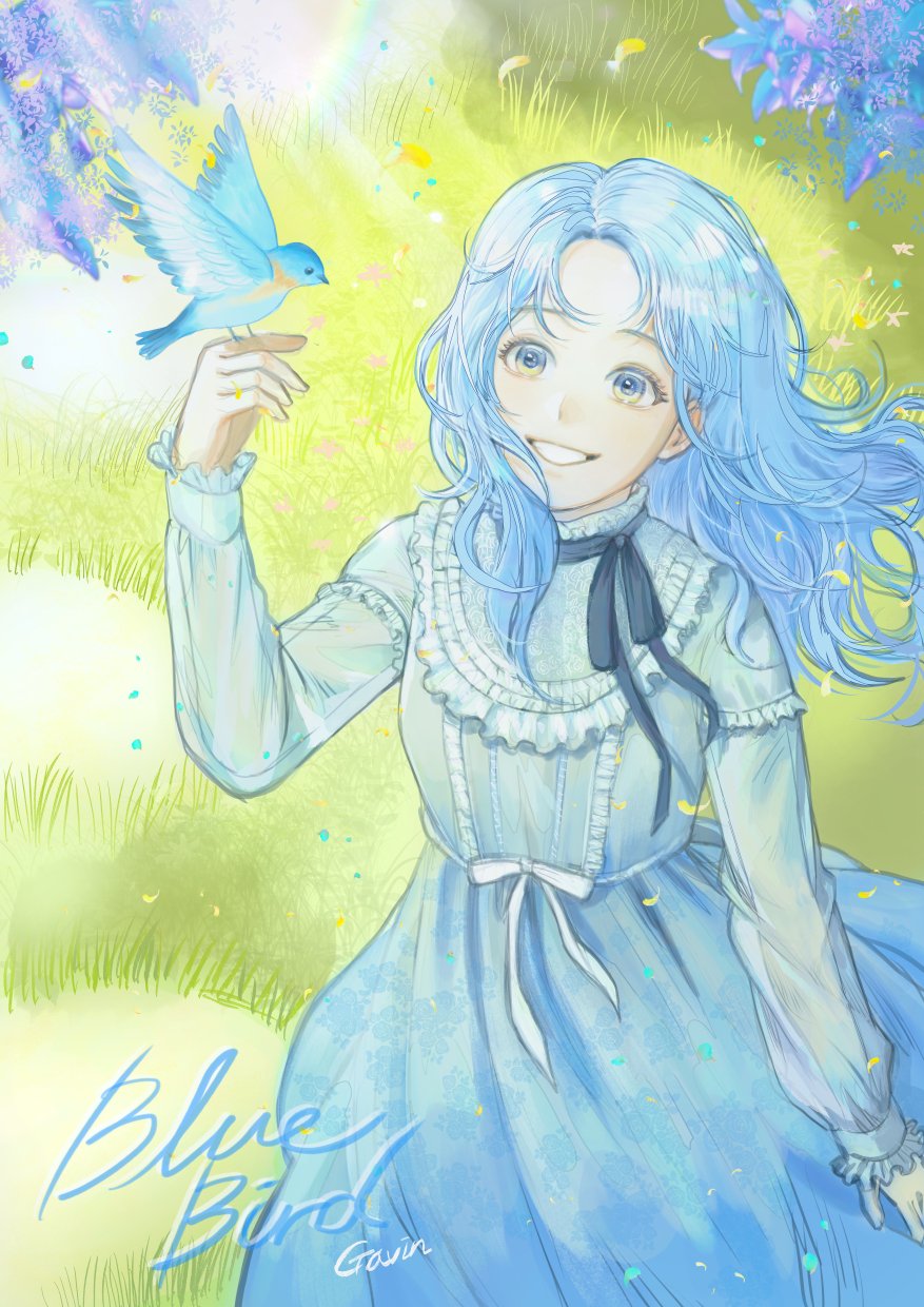 1girl, animal, bird, bird_on_hand, blue_dress, blue_eyes, blue_hair, dress