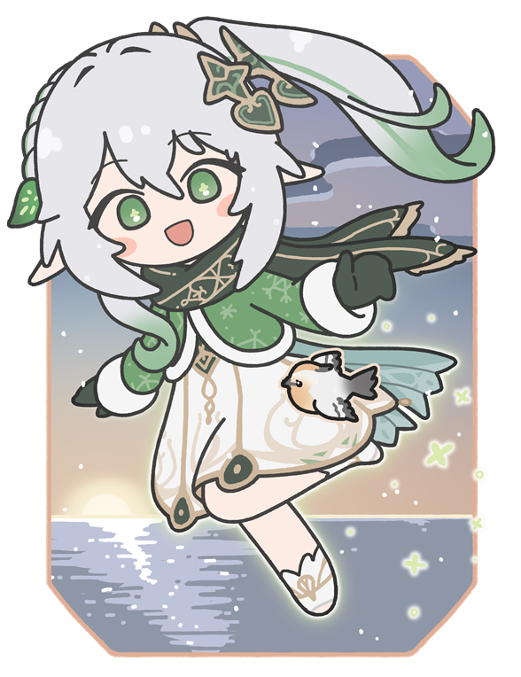 1girl, :d, ahoge, bangs, bird, dress, elf, full_body