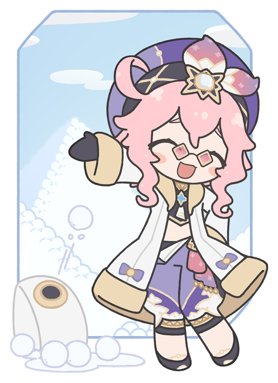 1girl, :d, ahoge, bangs, black_gloves, closed_eyes, coat, dori_(genshin_impact), futaba_no_taiko, genshin_impact, glasses, gloves, long_hair, long_sleeves, open_mouth, pants, pink_hair, purple_pants, smile, snowball, solo, standing, white_coat