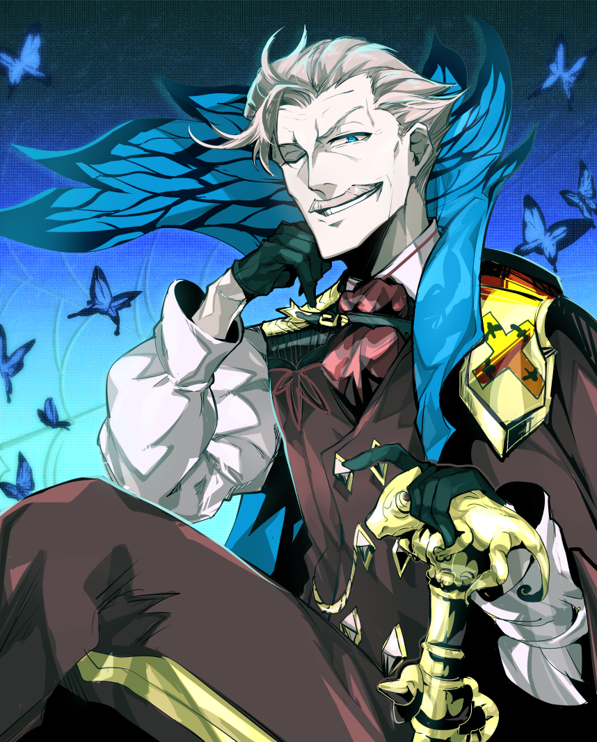 1boy, ascot, black_gloves, blue_eyes, bug, butterfly, cane, cape, crossed_legs, facial_hair, fate/grand_order, fate_(series), gloves, grey_hair, grin, james_moriarty_(archer)_(fate), male_focus, mustache, one_eye_closed, panda=hiro, smile, vest