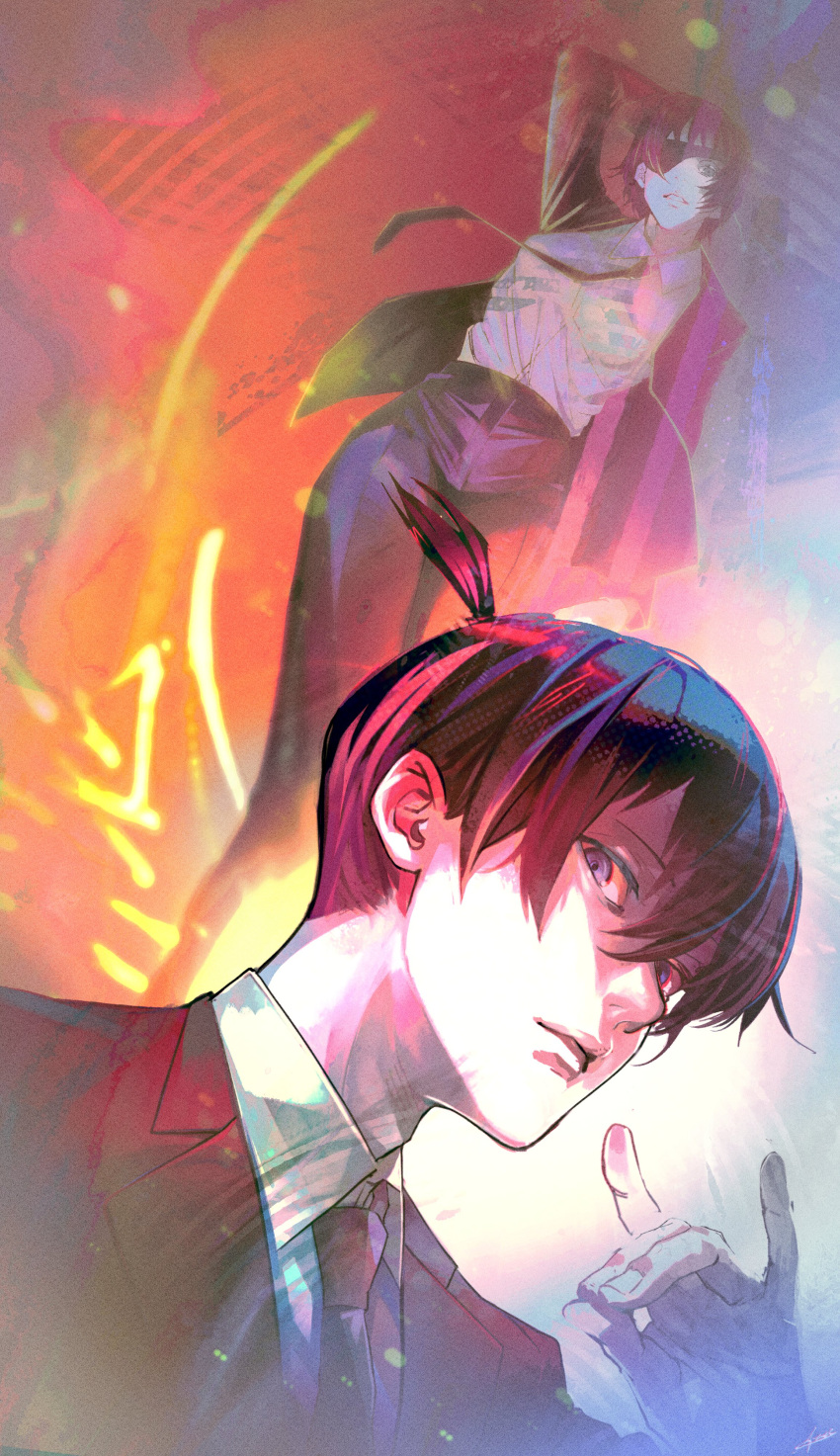 1boy, 1girl, absurdres, ammenite, black_hair, black_jacket, black_necktie, chainsaw_man