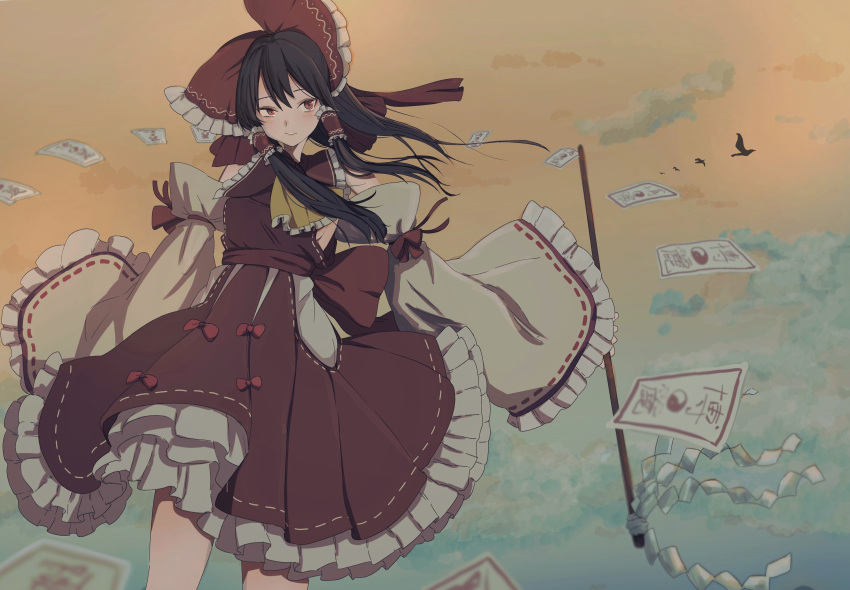 1girl, absurdres, ascot, black_hair, bow, breasts, collared_shirt, detached_sleeves