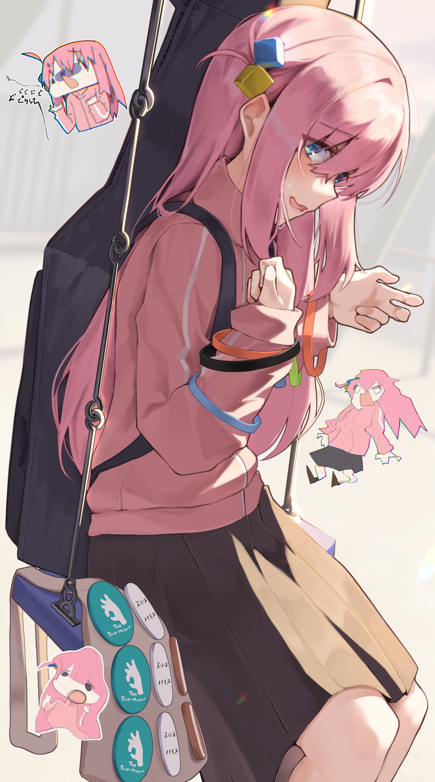1girl, absurdres, black_skirt, blue_eyes, bocchi_the_rock!, cube_hair_ornament, expressions, gigbag