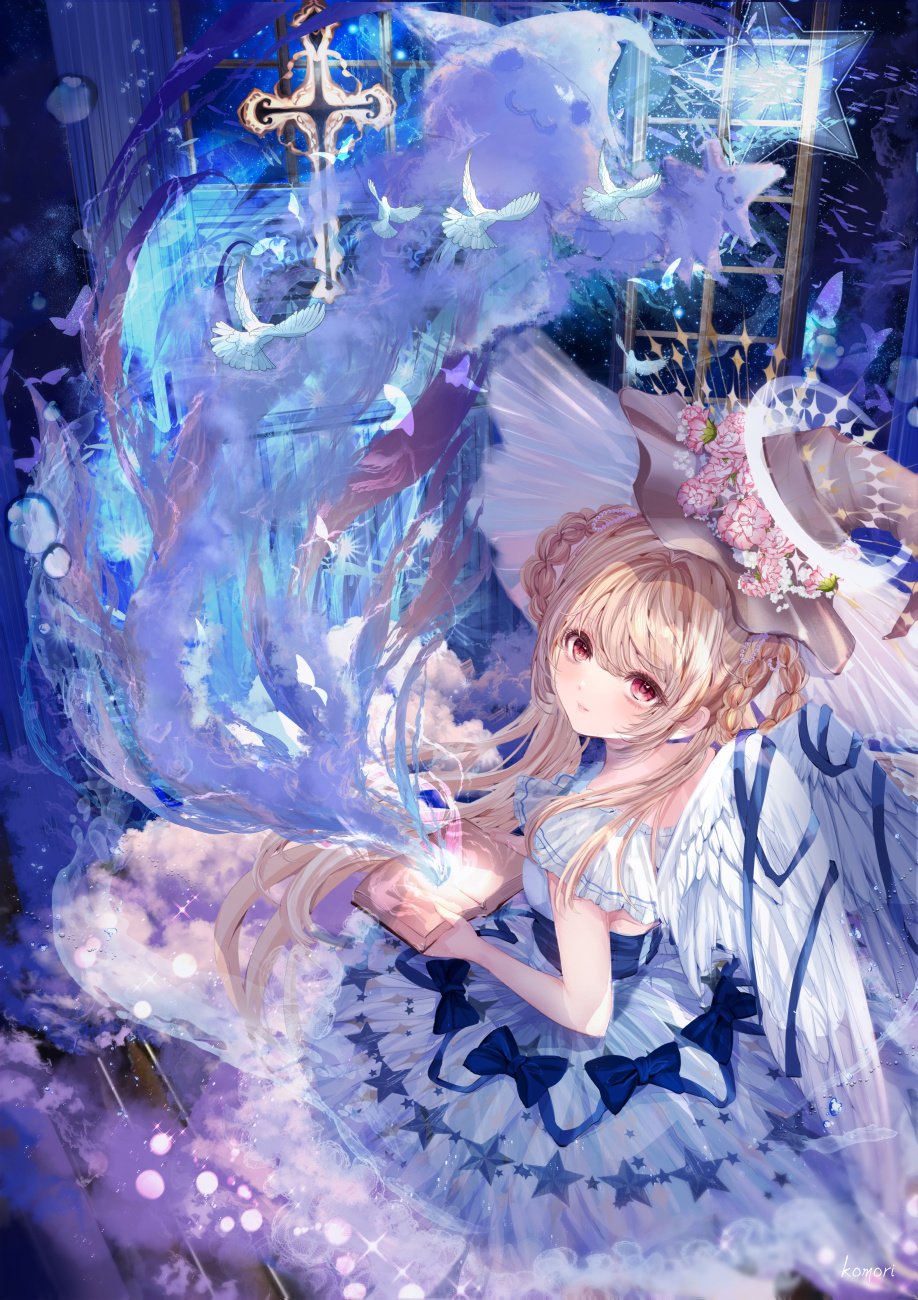 1girl, angel_wings, artist_name, bangs, bird, blue_bow, blue_ribbon, blush