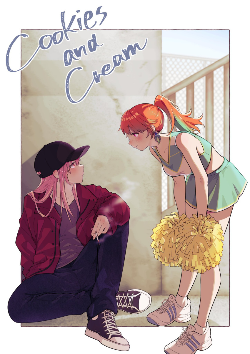 alternate_costume, baseball_cap, between_fingers, black_headwear, breasts, cheerleader, cigarette, couple