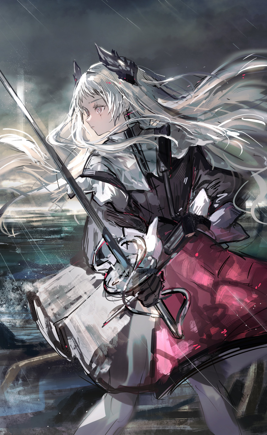 1girl, absurdres, arknights, black_dress, black_gloves, dress, earrings, feet_out_of_frame