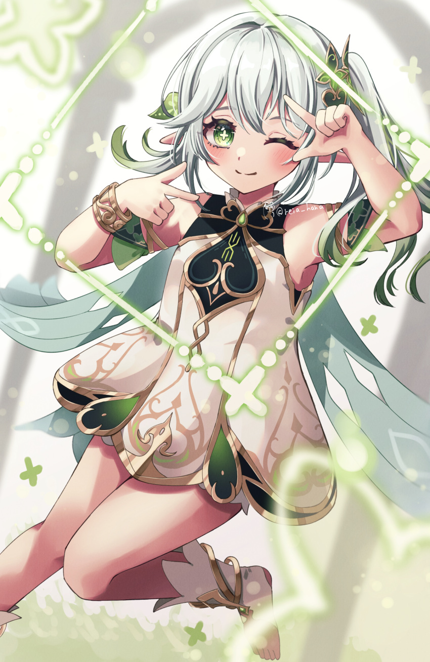 1girl, ;), absurdres, armpits, bangs, blurry, bracelet, cape