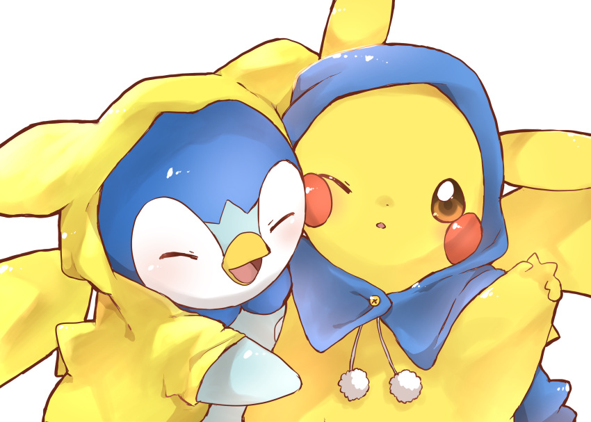 :d, brown_eyes, chiko_(chi_p_71), closed_eyes, clothed_pokemon, coat, commentary_request, hand_up, highres, hood, hood_up, looking_at_viewer, no_humans, one_eye_closed, open_mouth, pikachu, piplup, pokemon, pokemon_(creature), raincoat, simple_background, smile, white_background, yellow_coat