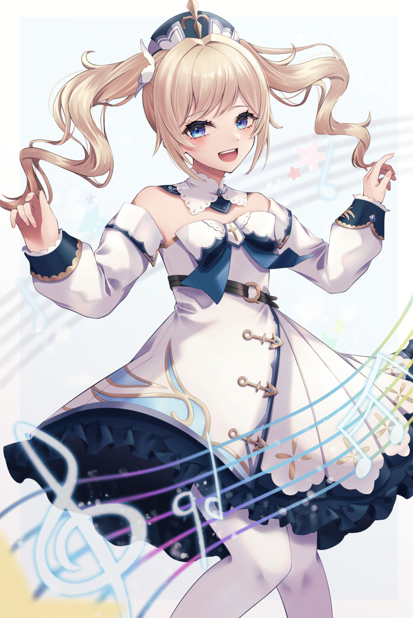 1girl, :d, absurdres, bangs, barbara_(genshin_impact), bare_shoulders, blue_eyes, choker