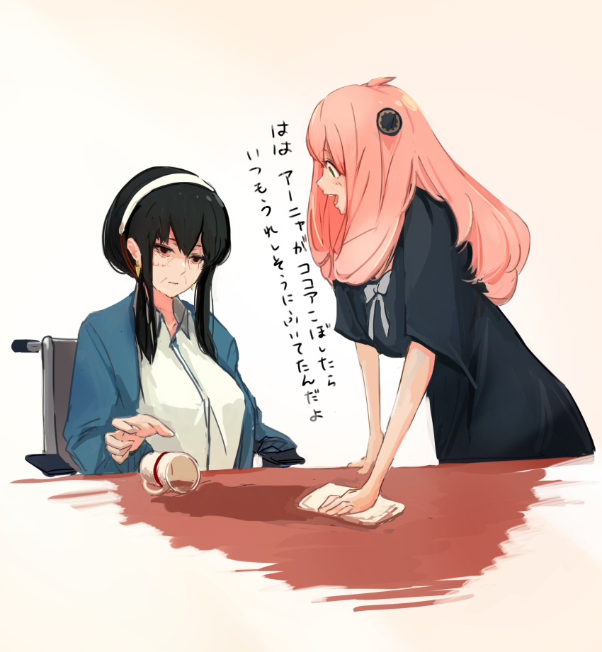 2girls, age_difference, aged_up, anya_(spy_x_family), bangs, black_dress, black_hair, black_shirt