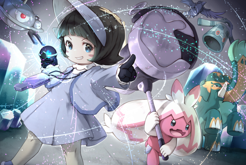 1girl, bangs, black_gloves, black_hair, blue_eyes, blunt_bangs, blush_stickers, bronzong