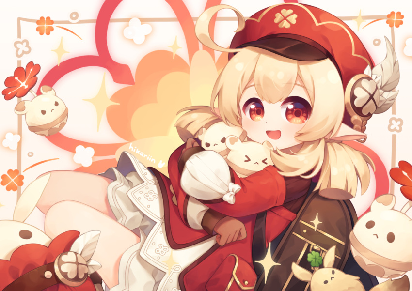 1girl, :d, ahoge, backpack, bag, bag_charm, bangs, bloomers