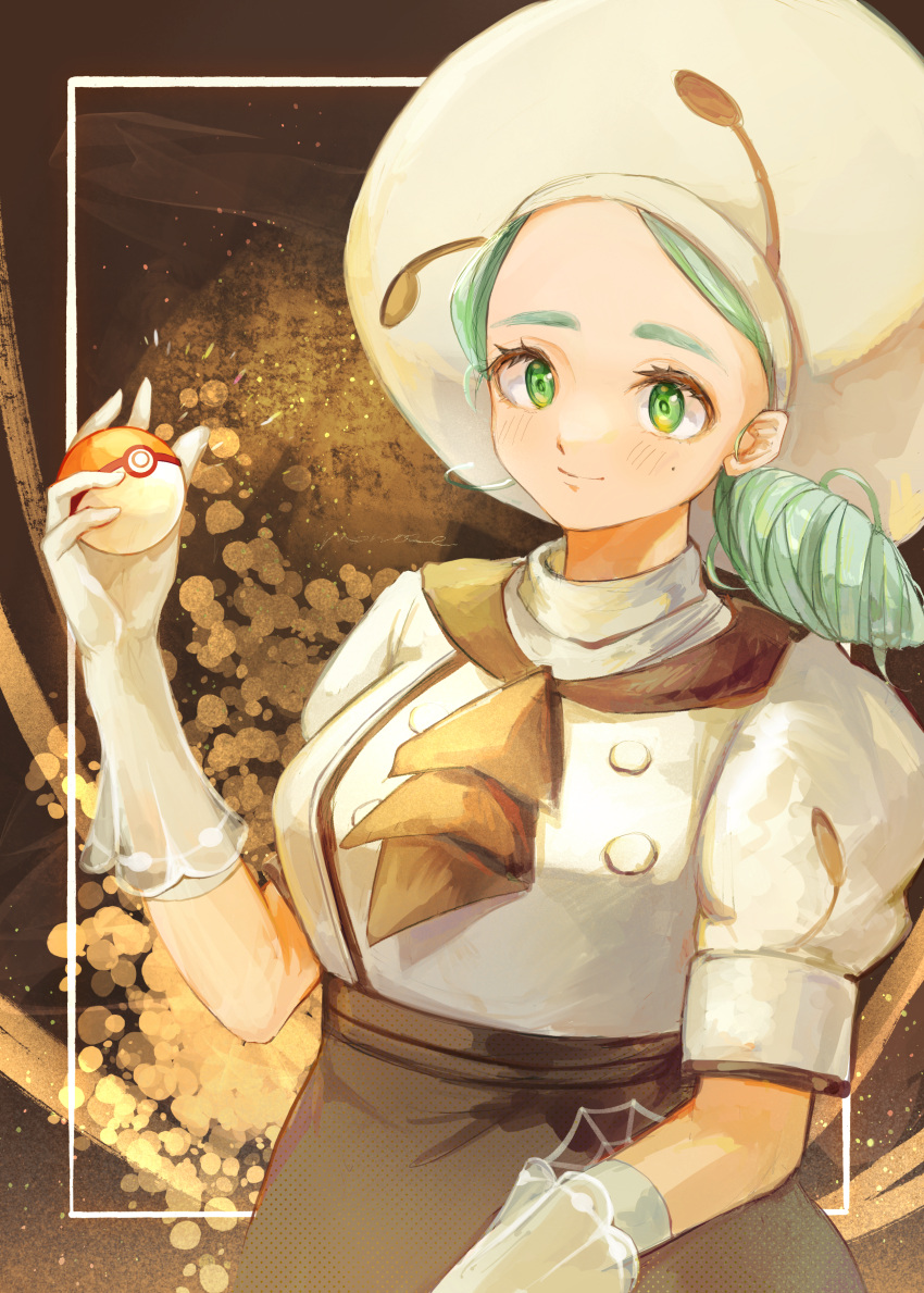 1girl, absurdres, ascot, blush, brown_ascot, brown_skirt, buttons, closed_mouth, commentary_request, eyelashes, framed, gloves, green_eyes, green_hair, hand_up, hat, highres, holding, holding_poke_ball, katy_(pokemon), mole, mole_under_eye, monose, poke_ball, poke_ball_(basic), pokemon, pokemon_(game), pokemon_sv, shirt, short_sleeves, skirt, smile, solo, upper_body, white_gloves, white_headwear, white_shirt