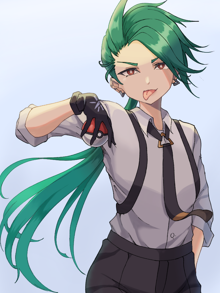 1girl, black_necktie, black_pants, bright_pupils, brown_eyes, buttons, collared_shirt, commentary_request, earrings, green_hair, grey_shirt, holding, holding_poke_ball, jewelry, long_hair, looking_at_viewer, momo_mochi_(favk5328), necktie, pants, poke_ball, poke_ball_(basic), pokemon, pokemon_(game), pokemon_sv, ponytail, rika_(pokemon), shirt, sleeves_past_elbows, solo, stud_earrings, tongue, tongue_out