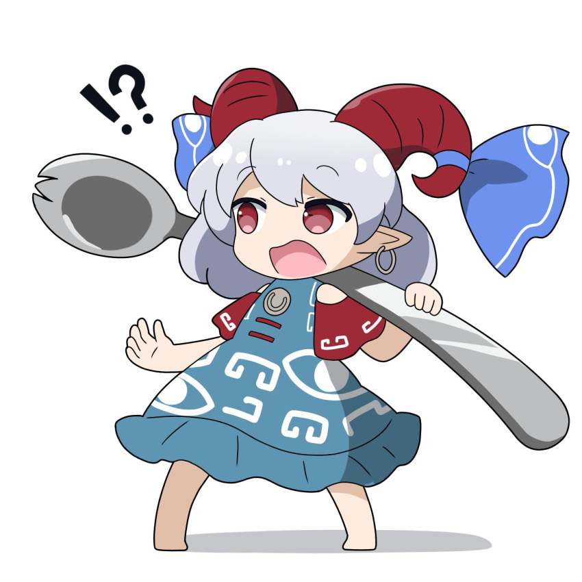!?, 1girl, barefoot, blue_dress, chibi, commentary_request, curly_hair, detached_sleeves, dress, earrings, eye_print, highres, holding_spork, horizontal_pupils, horn_ornament, horn_ribbon, horns, jewelry, meandros, oversized_object, patterned_clothing, pointy_ears, rectangular_pupils, red_eyes, red_horns, red_sleeves, ribbon, rizleting, sharp_teeth, sheep_horns, solo, spork, teeth, touhou, touhou_gouyoku_ibun, toutetsu_yuuma, white_hair