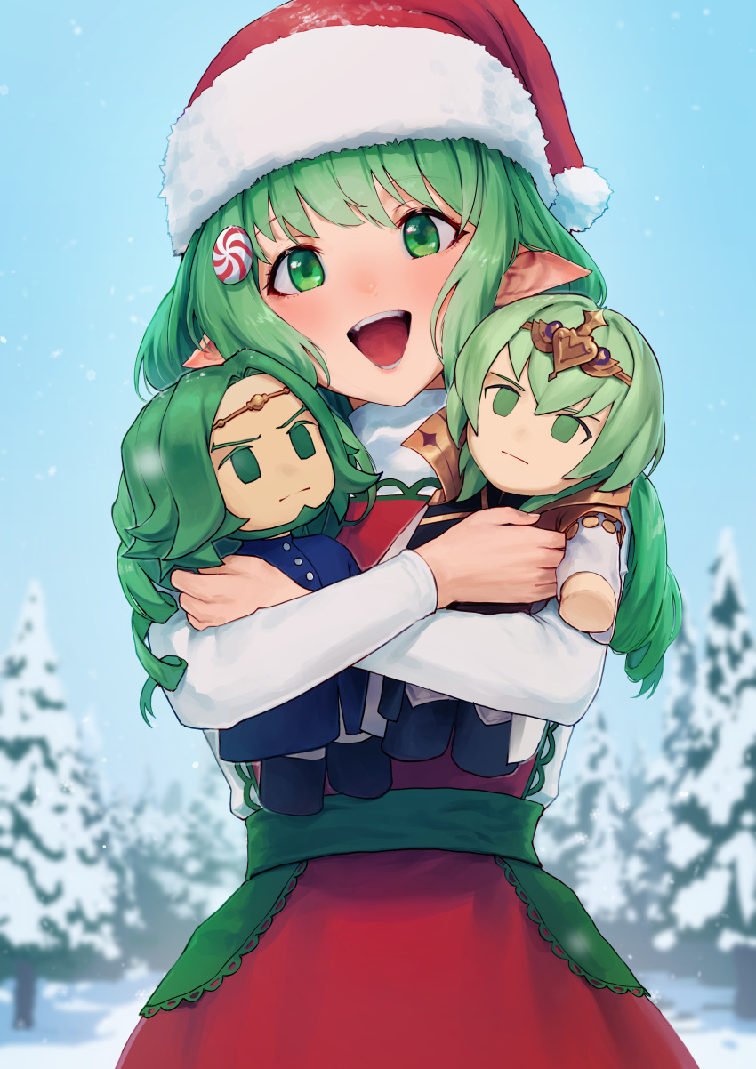 1girl, :d, absurdres, alaskastomatoez, alternate_costume, byleth_(fire_emblem), byleth_eisner_(male), candy_hair_ornament, character_doll, christmas, cute, doll, dress, drill_hair, enlightened_byleth_(male), fire_emblem, fire_emblem:_three_houses, fire_emblem_heroes, fire_emblem_warriors:_three_hopes, flayn_(fire_emblem), food-themed_hair_ornament, goddess, green_eyes, green_hair, hair_ornament, hat, highres, holding, holding_doll, intelligent_systems, loli, long_hair, looking_at_viewer, nintendo, open_mouth, peppermint, pointy_ears, red_dress, santa_costume, santa_hat, seteth_(fire_emblem), smile, snow, solo, super_smash_bros., teeth, twin_drills