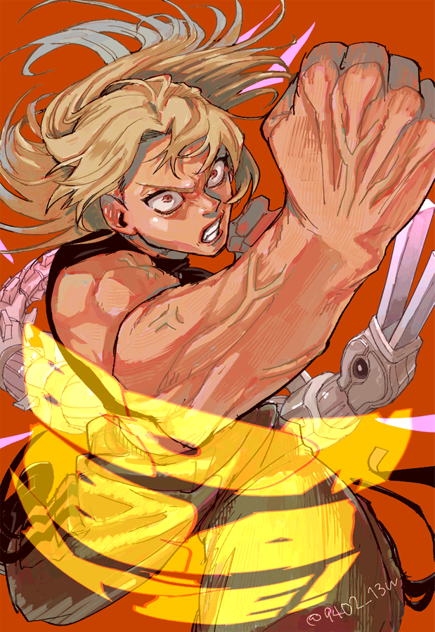 1girl, 9402_13w, blonde_hair, garuda_(jujutsu_kaisen), jujutsu_kaisen, muscular, muscular_female, orange_background