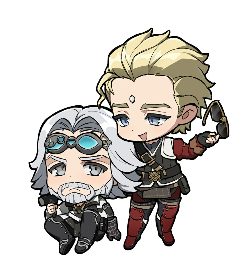 2boys, beard, belt, black_footwear, black_gloves, black_vest, blonde_hair, blue_eyes, boots, chibi, cid_nan_garlond, eye_contact, eyewear_removed, facial_hair, final_fantasy, final_fantasy_xiv, fingerless_gloves, full_body, garlean, gloves, goggles, goggles_on_head, grey_eyes, grey_hair, hair_pulled_back, hammer, highres, holding, holding_eyewear, holding_hammer, jacket, jewelry, knee_boots, knees_up, looking_at_another, male_focus, mature_male, multiple_boys, nero_tol_scaeva, open_mouth, pants, pendant, pouch, red_pants, short_hair, shoulder_belt, simple_background, single_glove, sitting, standing, sunglasses, third_eye, vest, white_background, wuliu_heihuo