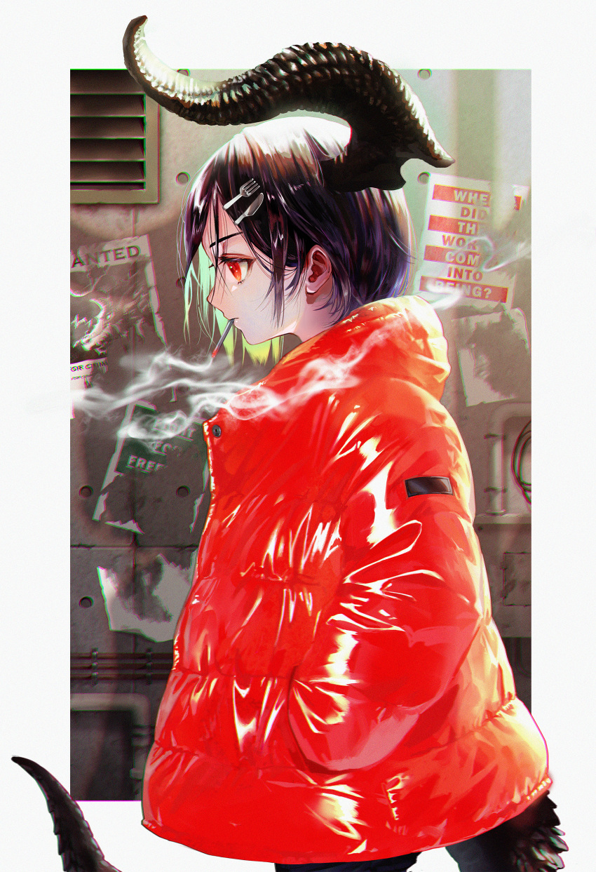 1girl, a_la_votre, absurdres, bangs, black_hair, cigarette, dragon_girl, dragon_horns