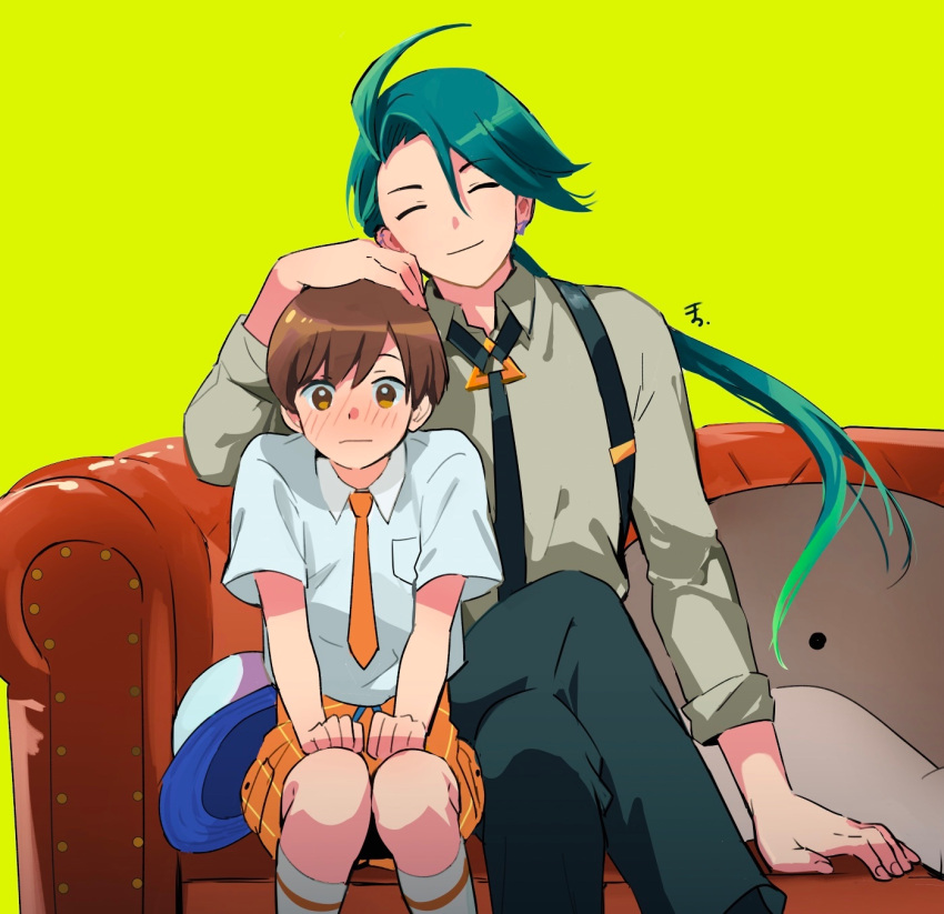1boy, 1girl, age_difference, chili_(pokemon), couch, florian_(pokemon), highres, non-web_source