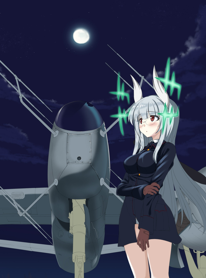 1girl, a9b_(louis814), absurdres, aircraft, airplane, blush, breasts, glasses