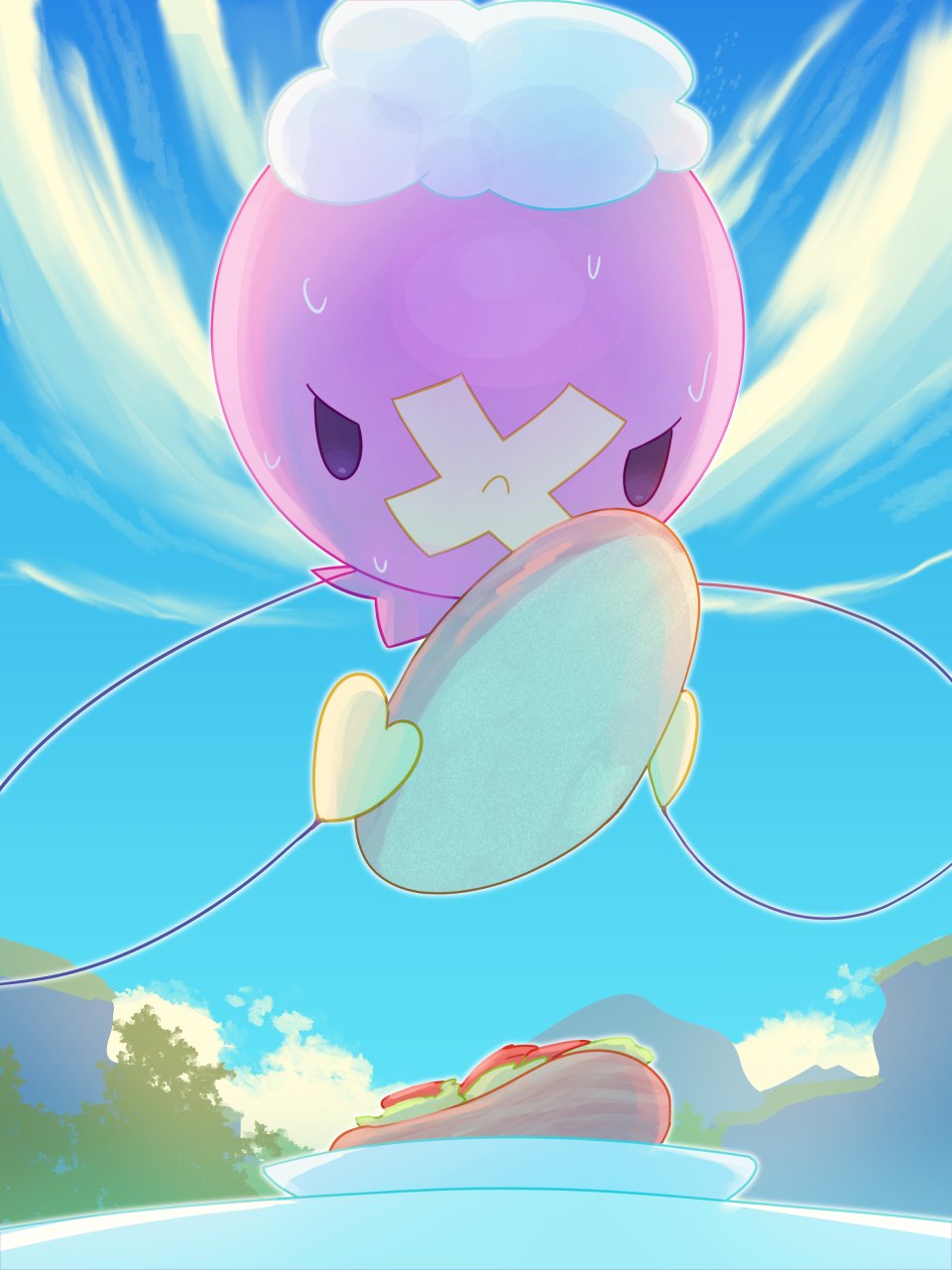 bread, closed_mouth, commentary_request, day, drifloon, food, frown, highres, holding, holding_food, lettuce, looking_down, mokukitusui, no_humans, outdoors, plate, pokemon, pokemon_(creature), sandwich, sky, solo, sweat, tomato, tomato_slice