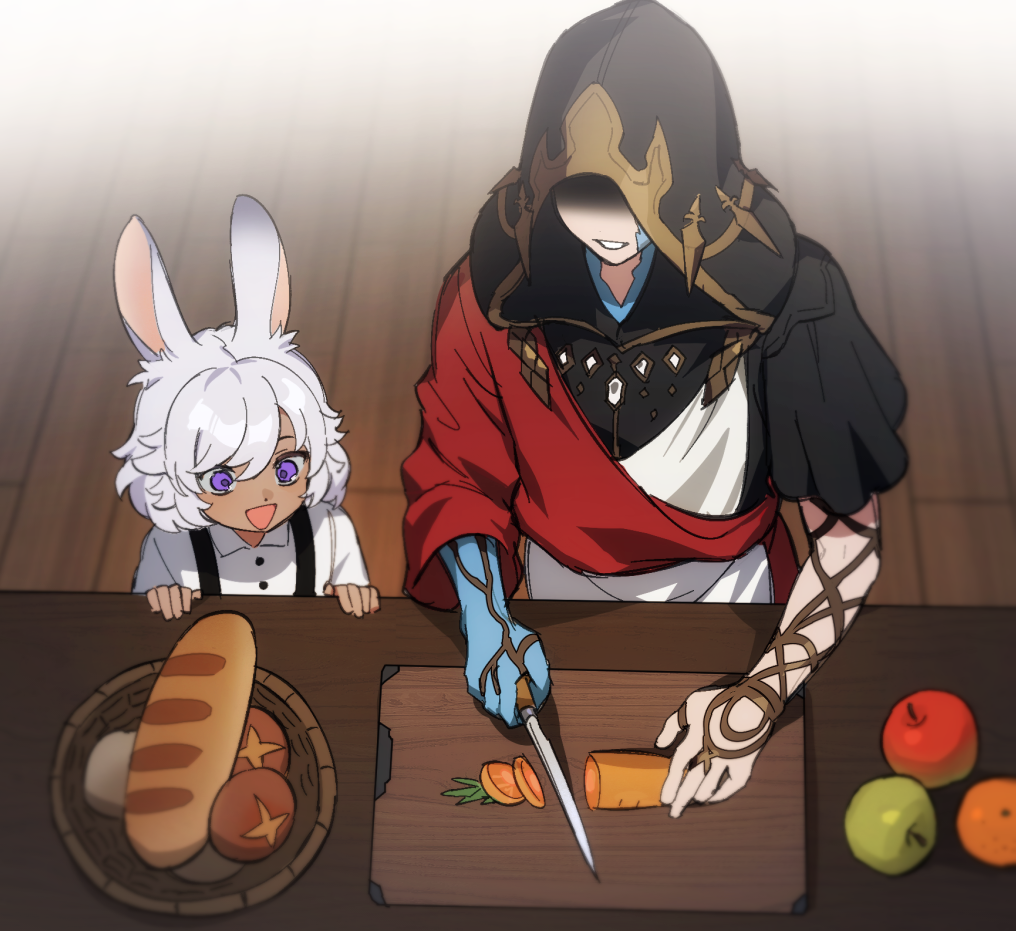 1boy, 1girl, :d, aged_down, animal_ears, apple, bangs, basket