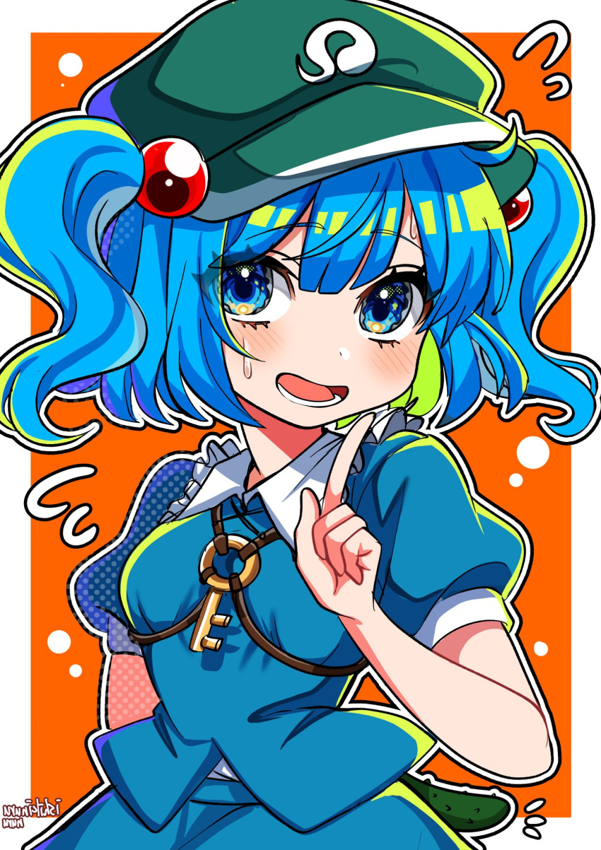 1girl, artist_name, bangs, blue_eyes, blue_hair, blunt_bangs, blush, breasts