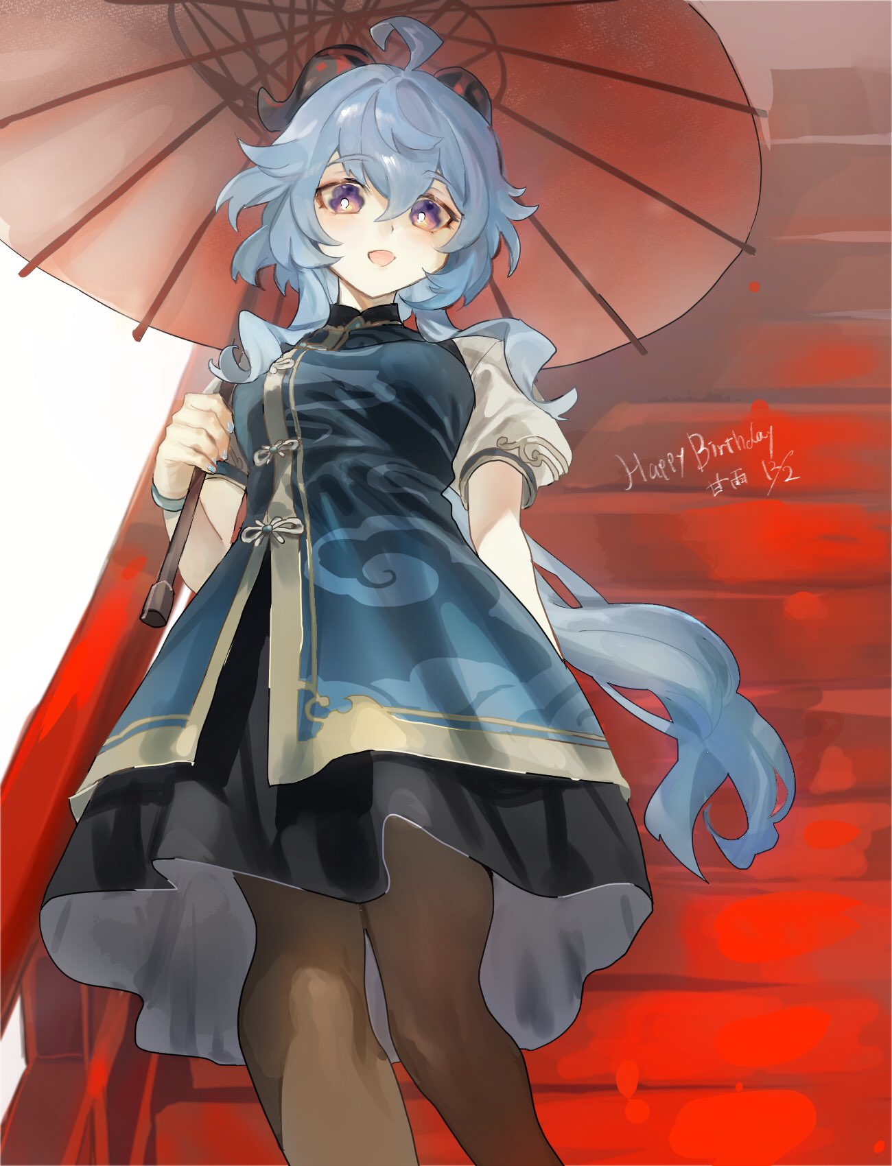 1girl, ahoge, black_pantyhose, black_skirt, blue_hair, blue_shirt, bracelet, breasts