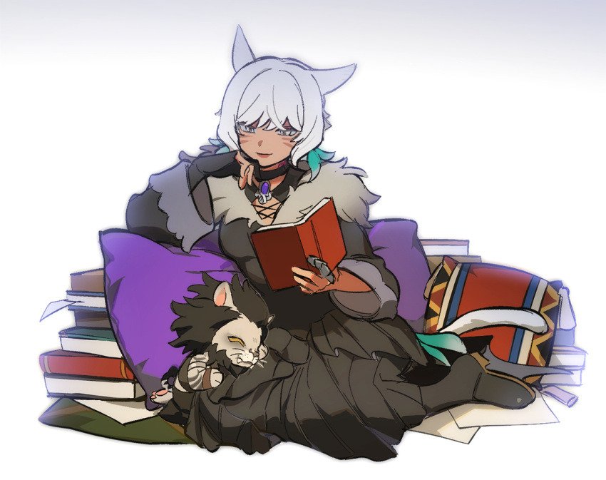 1boy, 1girl, animal_ears, bangs, black_choker, black_dress, black_footwear, black_gloves